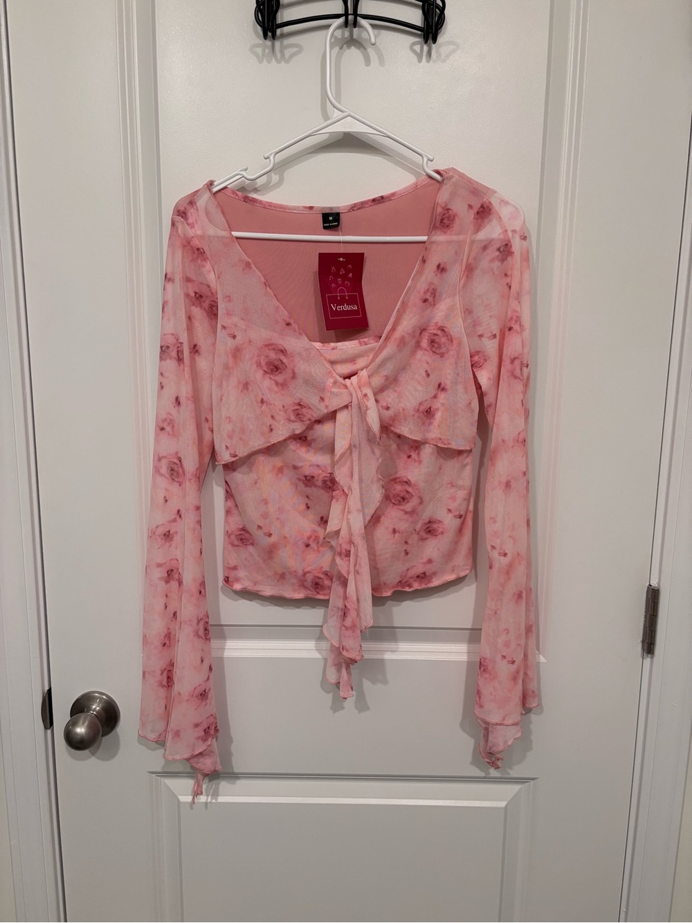 Verdua Pink Floral Tie-Front Sheer Blouse
